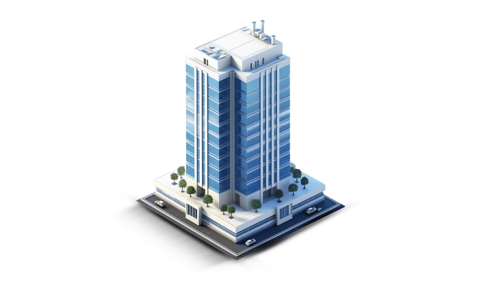Seguro de vida empresarial Imagem renderizada de prédio empresarial.